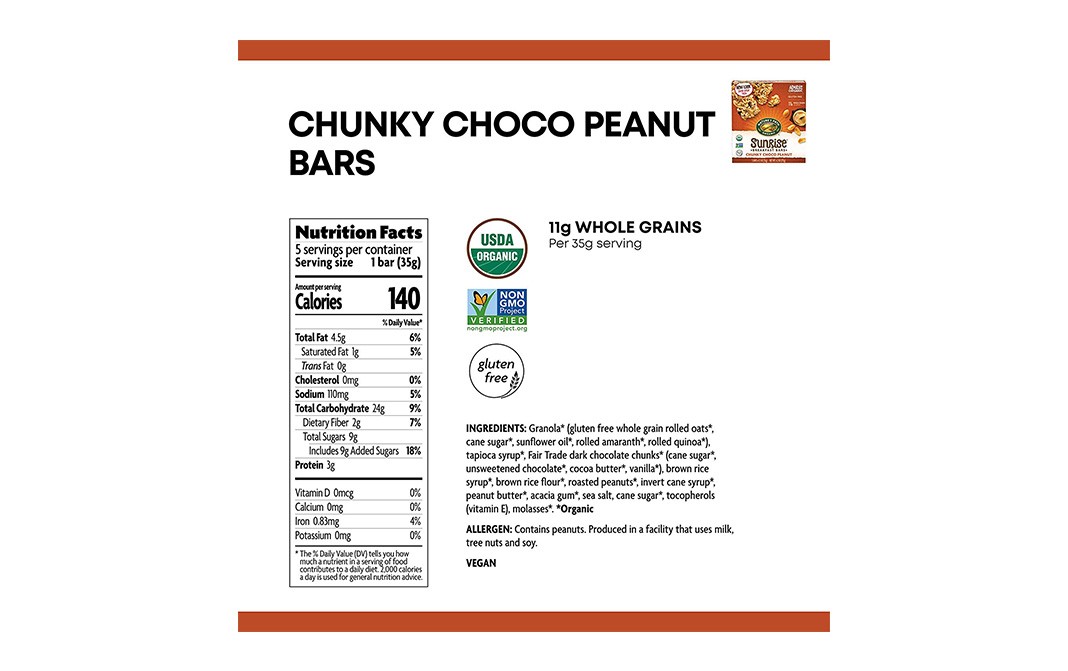 Nature's Path Organic Sunrise Chunky Choco Peanut Breakfast Bars   Box  175 grams
